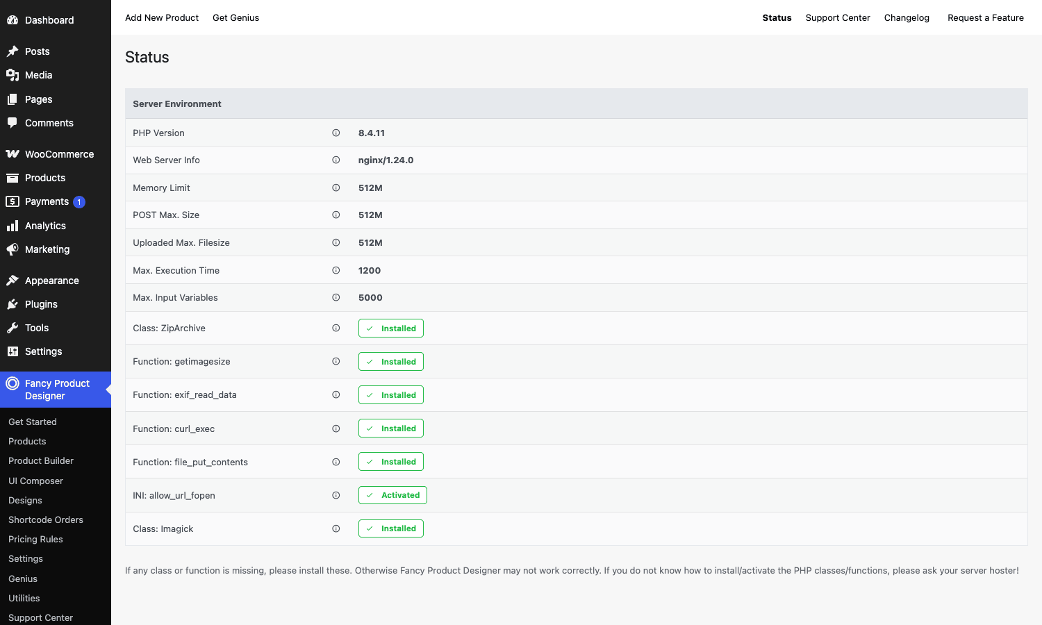 The Status page: PHP version, memory limit, and required classes Fancy Product Designer Status page listing server environment and required PHP classes and functions
