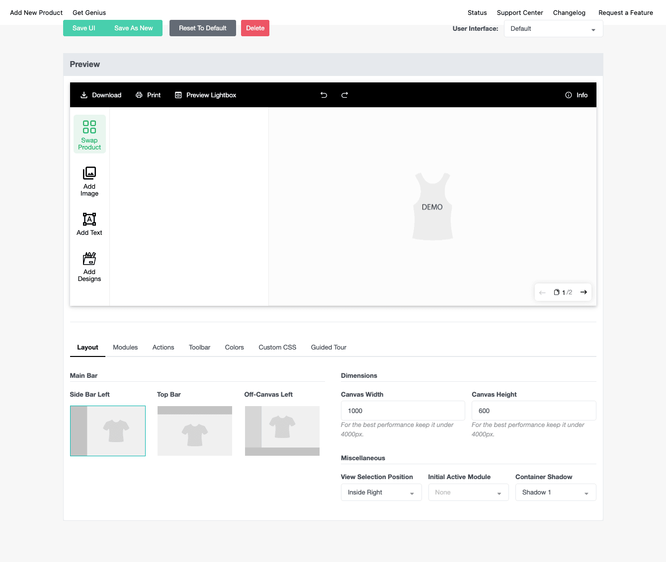UI Composer: layout, modules, toolbar, colors, and dimensions Fancy Product Designer UI Composer with layout, modules, and canvas dimension controls