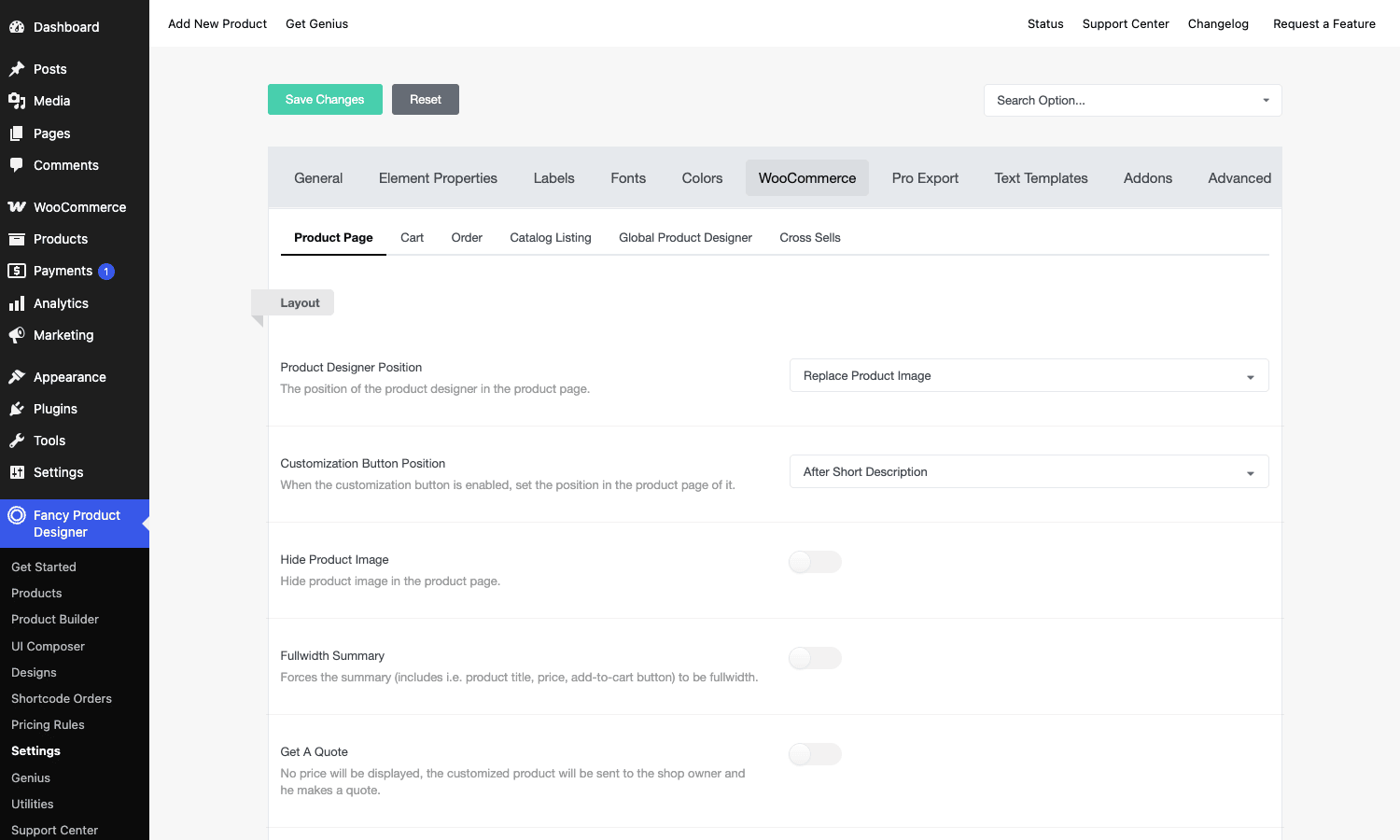 WooCommerce integration settings: product page, cart, and add-to-cart behavior Fancy Product Designer WooCommerce settings for the product page layout and add-to-cart behavior