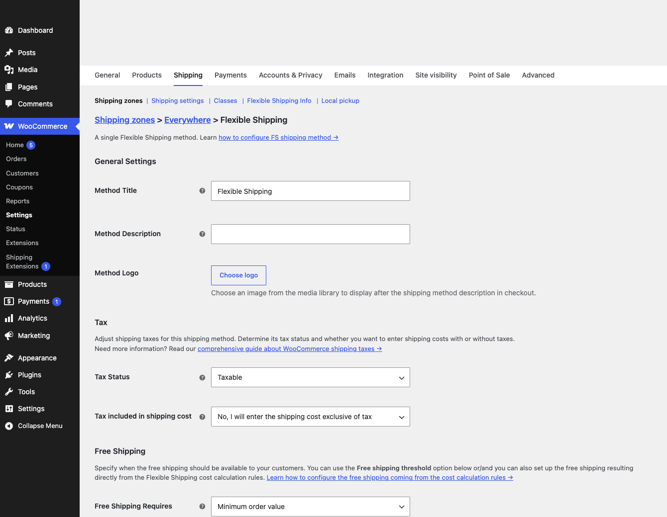 Flexible Shipping method settings with free shipping threshold Flexible Shipping method settings showing title, tax status, and free shipping options