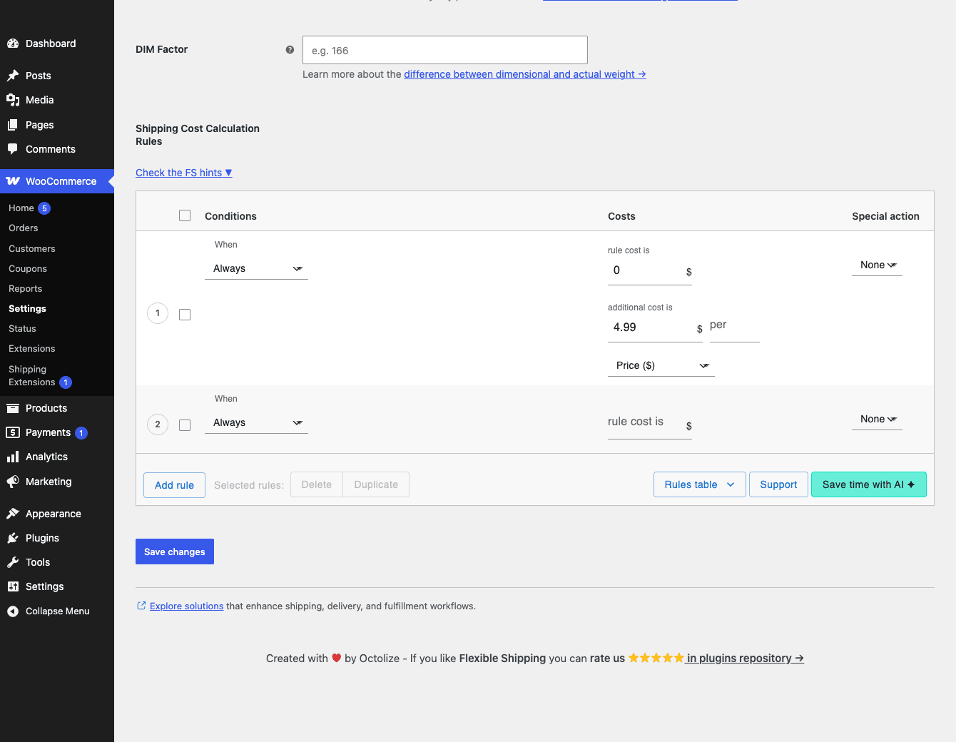 Flexible Shipping cost calculation rules table The Flexible Shipping cost calculation rules table showing conditions, costs, and special action columns
