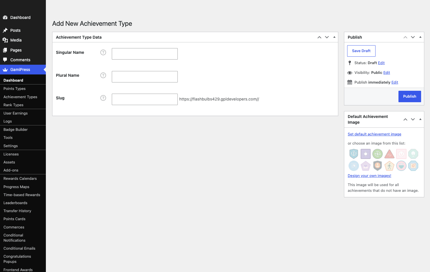 Creating an Achievement Type, with the full GamiPress menu visible The GamiPress Add New Achievement Type screen with the full GamiPress admin menu