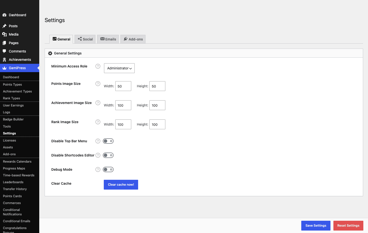 GamiPress general settings and the feature menu The GamiPress Settings page with the General tab and the full feature menu