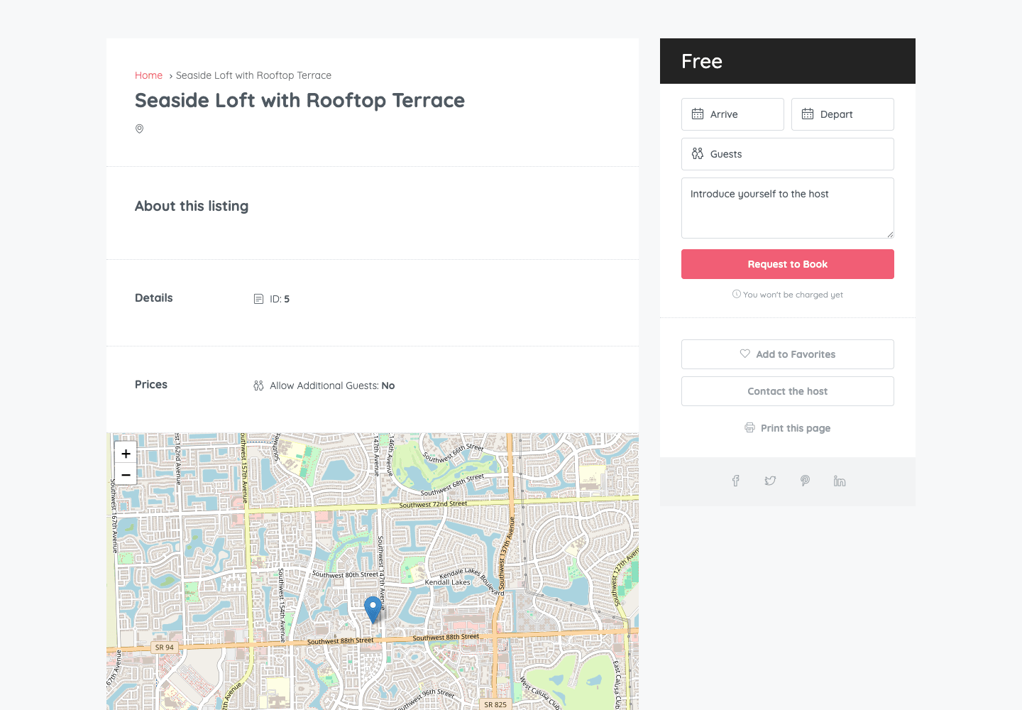 A Homey listing with Request to Book A rental listing on the Homey theme with the booking sidebar