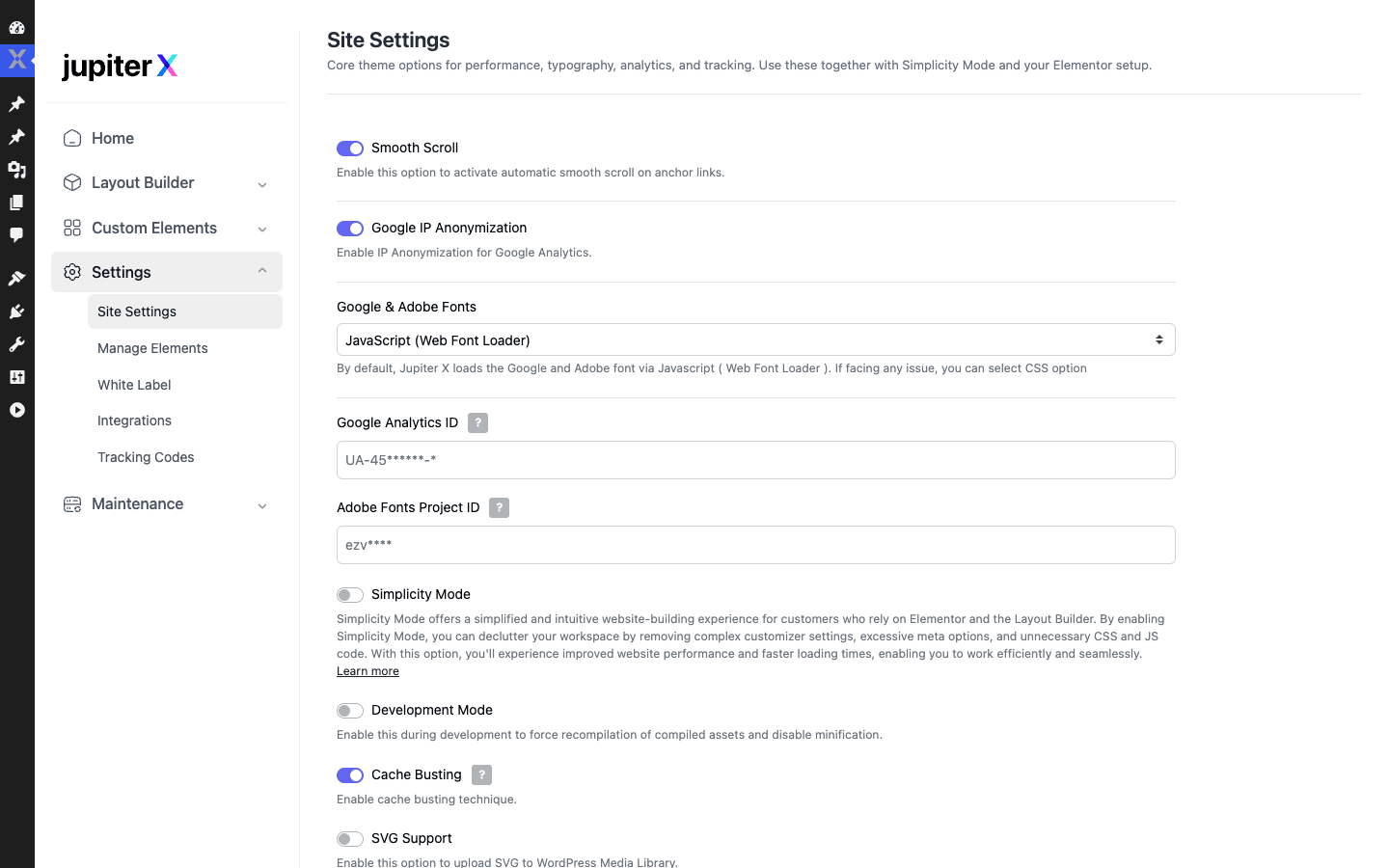 Jupiter X Site Settings Jupiter X site settings