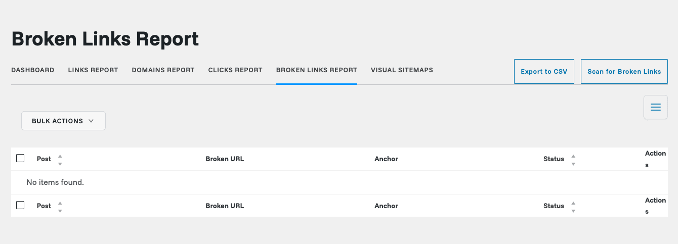 Link Whisper broken links report Link Whisper Broken Links Report showing columns for post, broken URL, anchor, and status with scan and export buttons