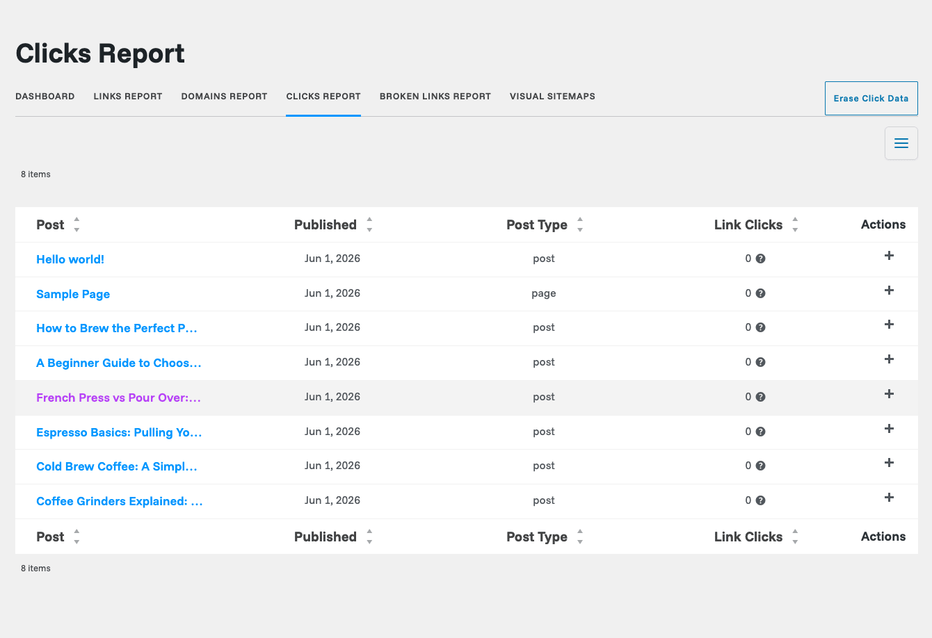 Link Whisper internal link click tracking report Link Whisper Clicks Report showing per-post link click counts with post, published date, post type, and link clicks columns