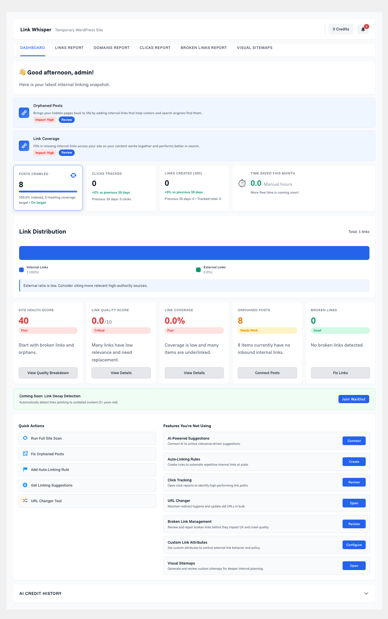 Link Whisper dashboard internal linking snapshot Link Whisper dashboard showing the internal linking snapshot with posts scanned, site health score, orphaned posts, broken links, and link distribution