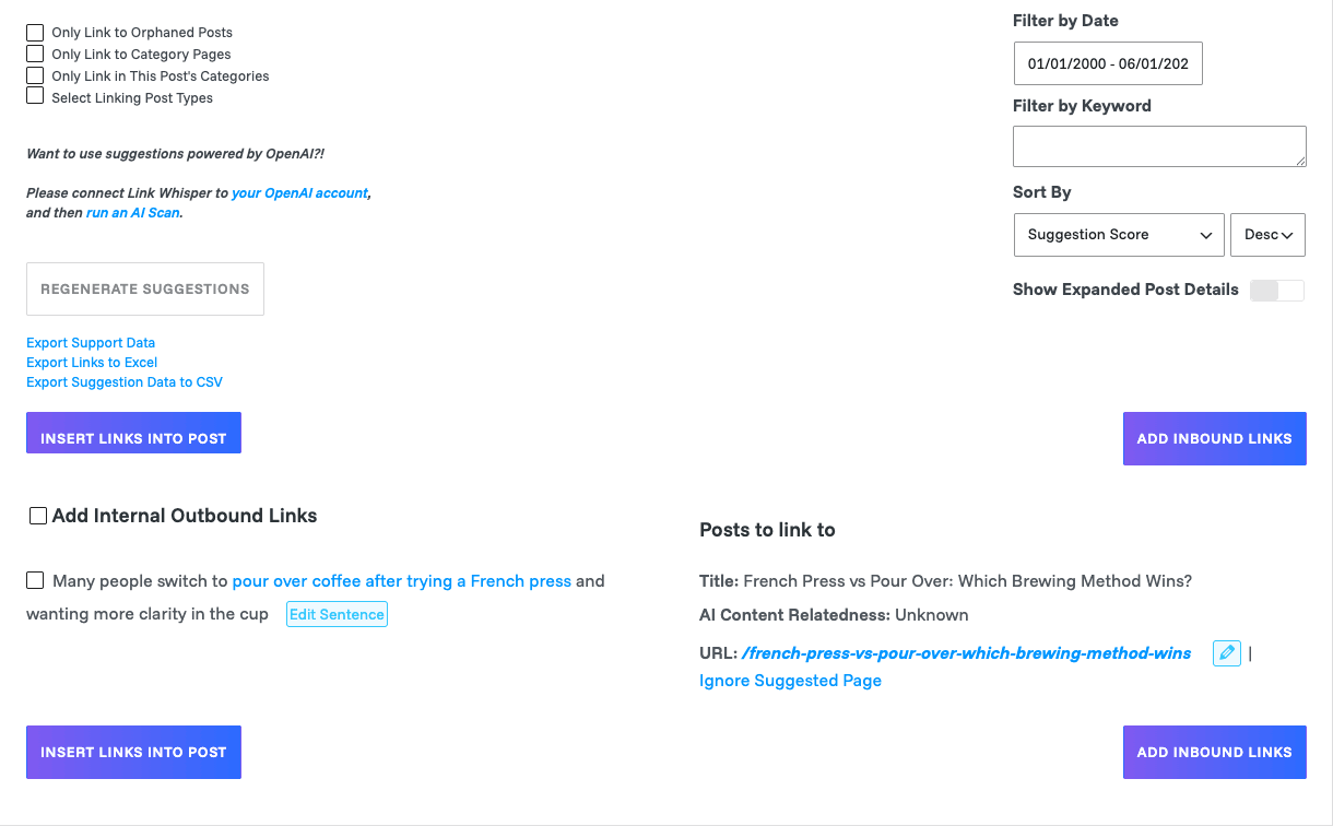Link Whisper suggested internal links inside the WordPress editor Link Whisper in-editor suggested links box showing a detected sentence, a suggested anchor phrase, and the matched target post to link to