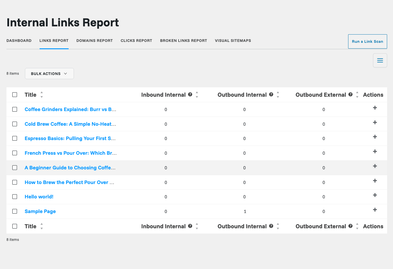 Link Whisper sitewide internal links report Link Whisper Internal Links Report showing a sitewide table of posts with inbound internal, outbound internal, and outbound external link counts