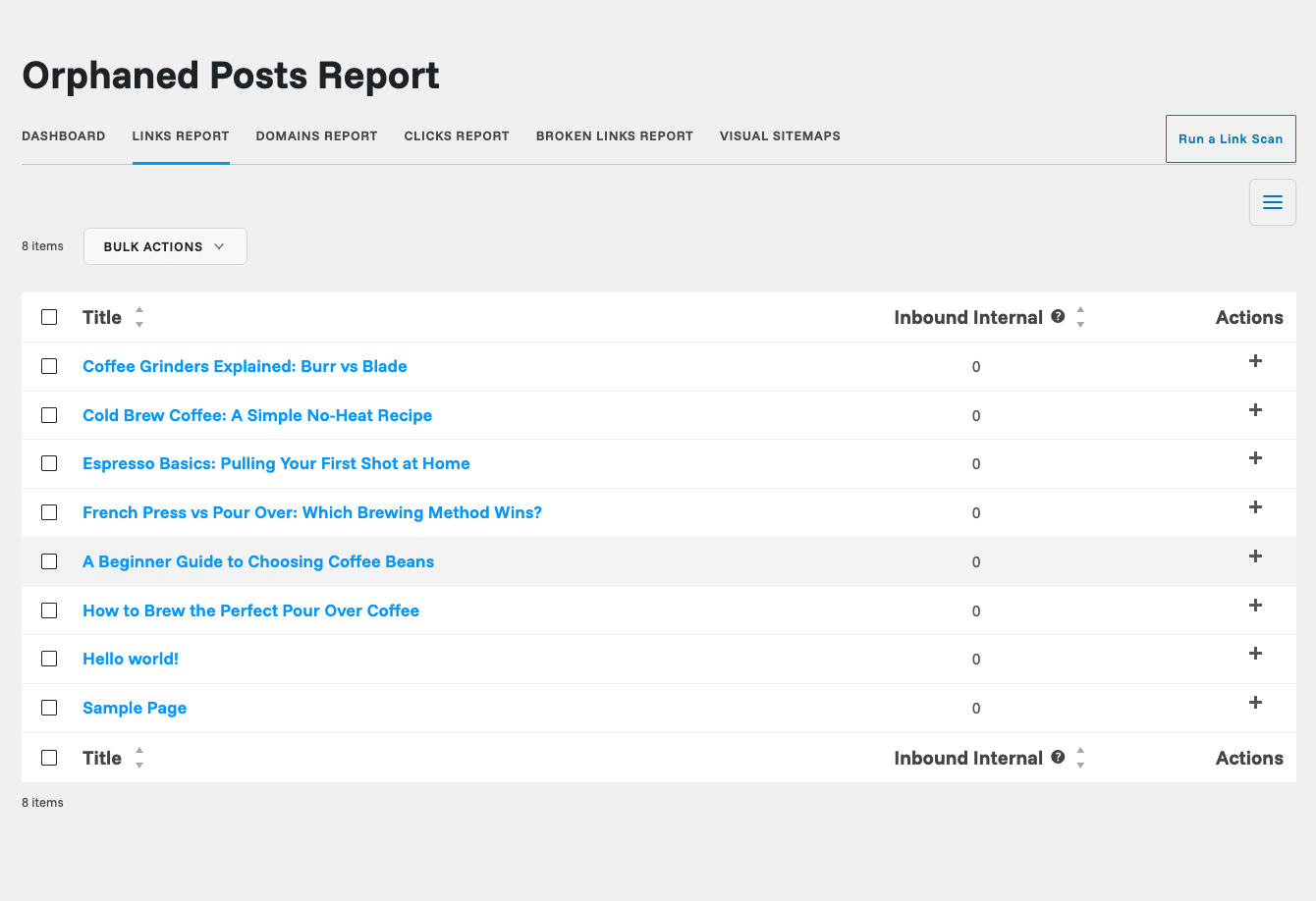 Link Whisper orphaned posts report Link Whisper Orphaned Posts Report listing posts that have zero inbound internal links