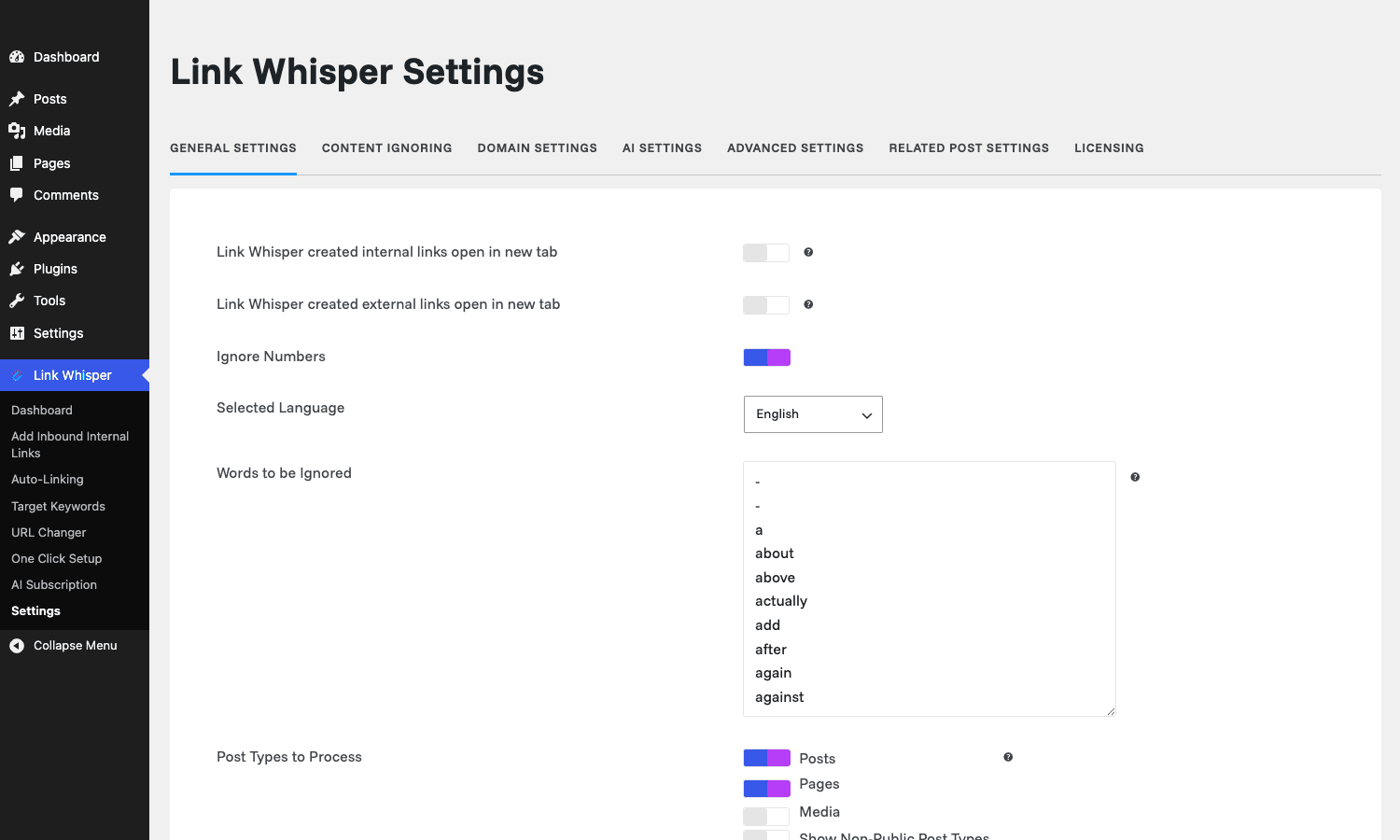 Link Whisper general settings panel Link Whisper General Settings tab showing toggles for post types to process, links open in new tab, max links per post, and the plugin admin sidebar navigation