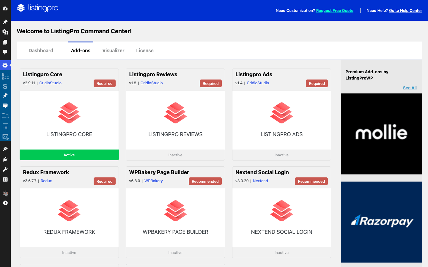 ListingPro add-ons stack manager showing required and recommended plugins