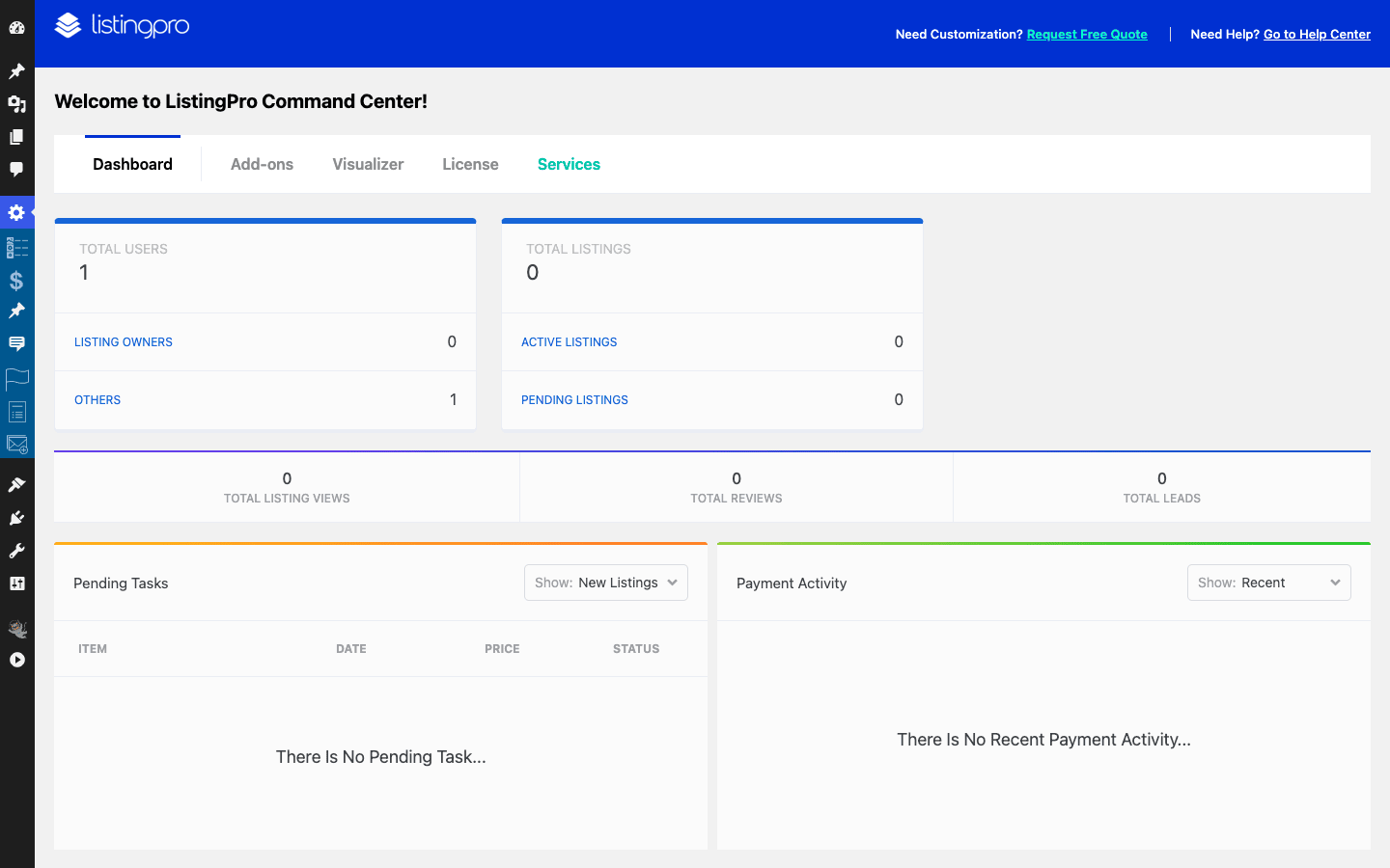 ListingPro Command Center dashboard with user, listing, review, and lead statistics