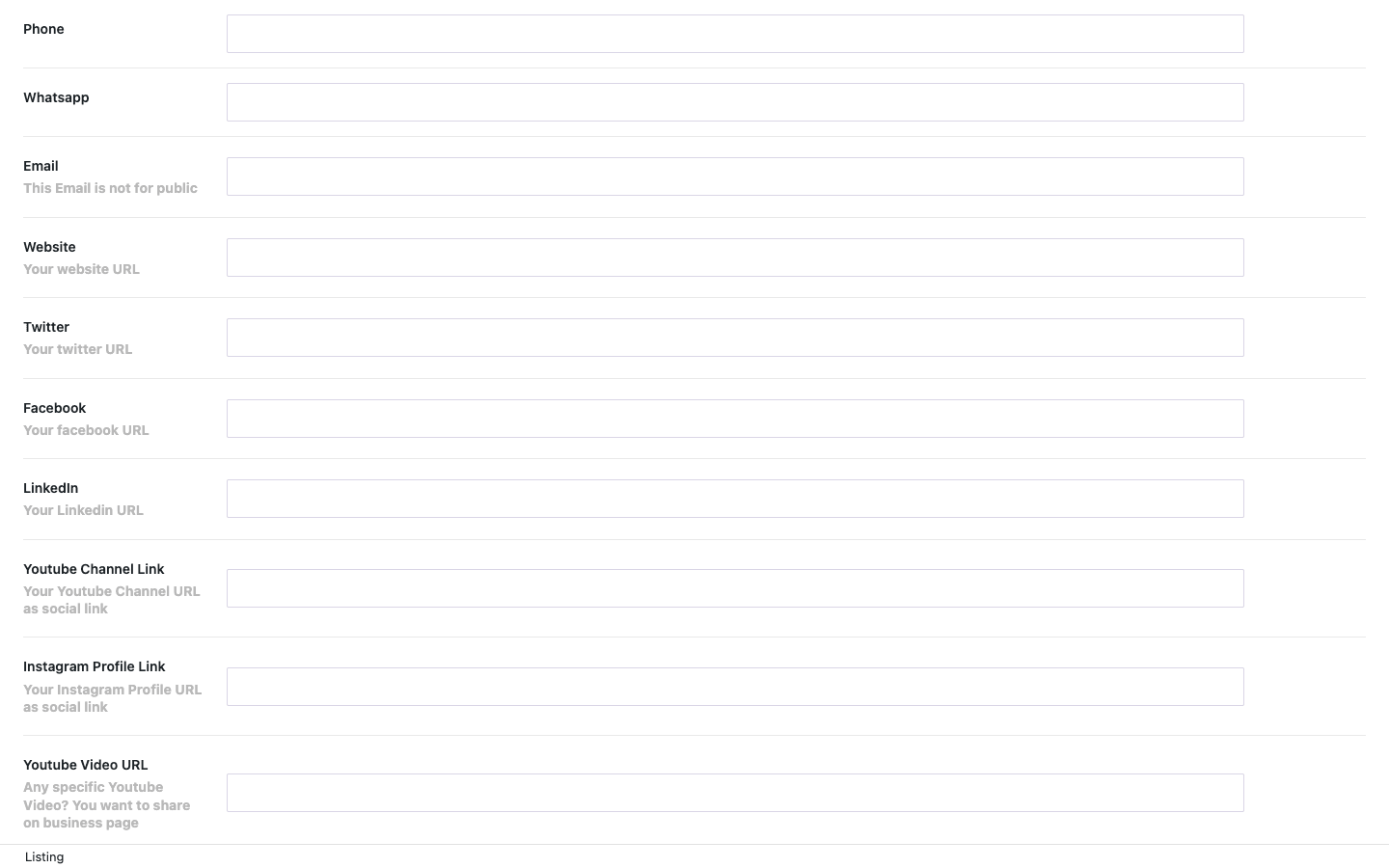 ListingPro per-listing business fields including address, map pin, phone, WhatsApp, and social profiles