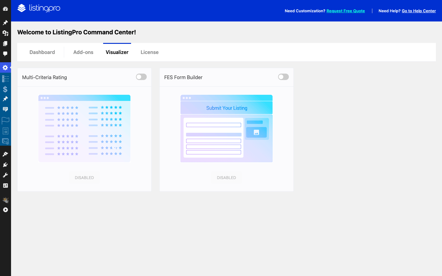 ListingPro Visualizer feature toggles including Multi-Criteria Rating and FES Form Builder