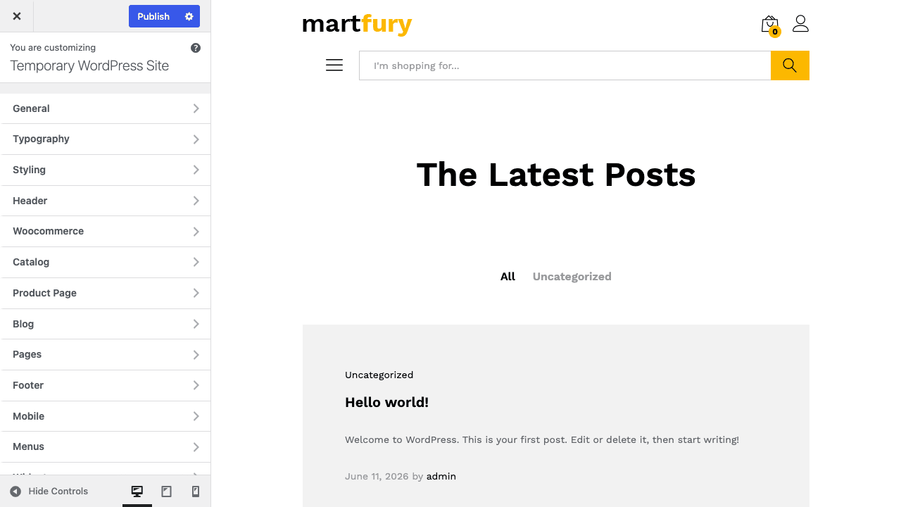 Martfury theme options in the WordPress Customizer Martfury theme Customizer options panels