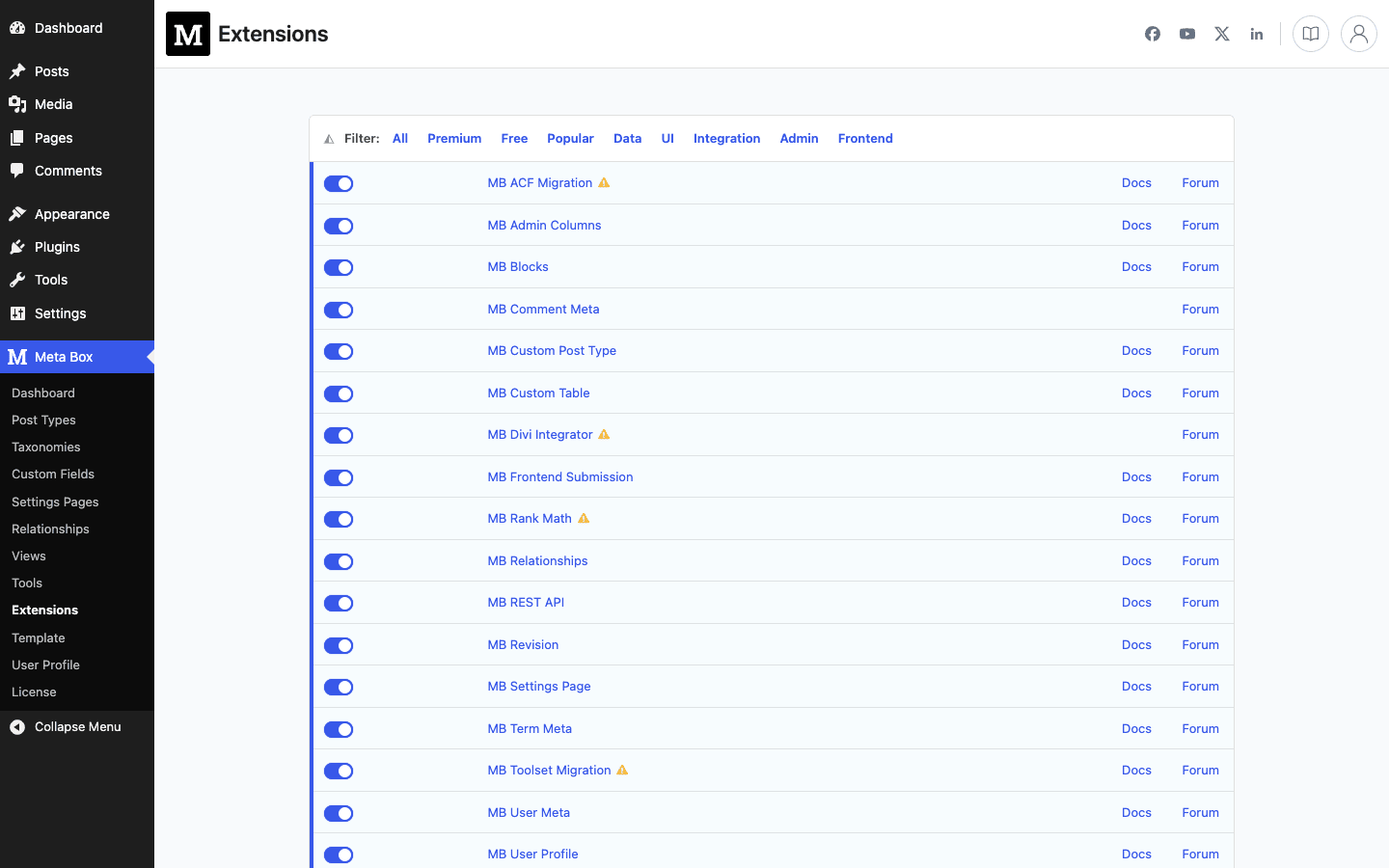 Meta Box AIO Extensions screen Meta Box AIO extensions screen showing toggles for MB Custom Post Type, MB Relationships, MB REST API, MB Views and more