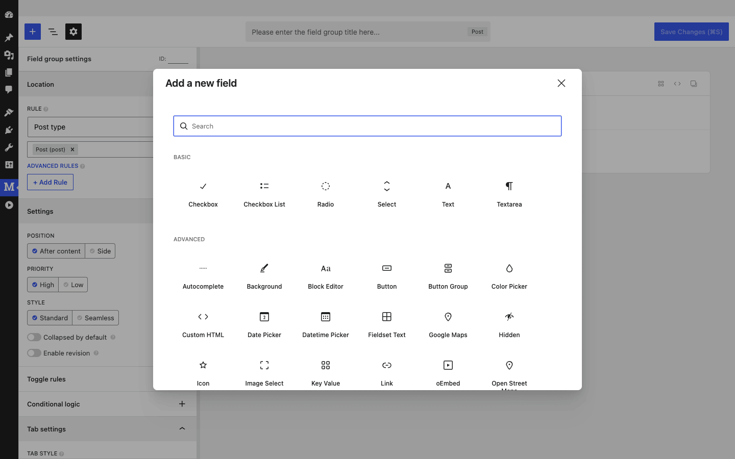 Meta Box field type picker in the builder Meta Box field type picker in the builder showing Basic and Advanced field categories
