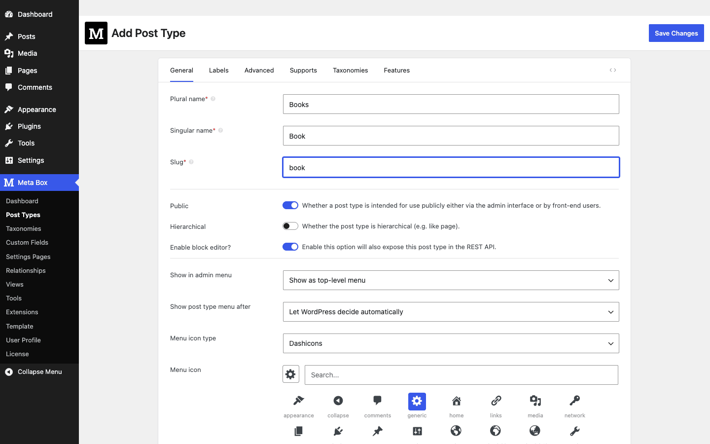 Meta Box no-code custom post type builder Meta Box no-code custom post type builder with General, Labels, Advanced, Supports, Taxonomies and Features tabs