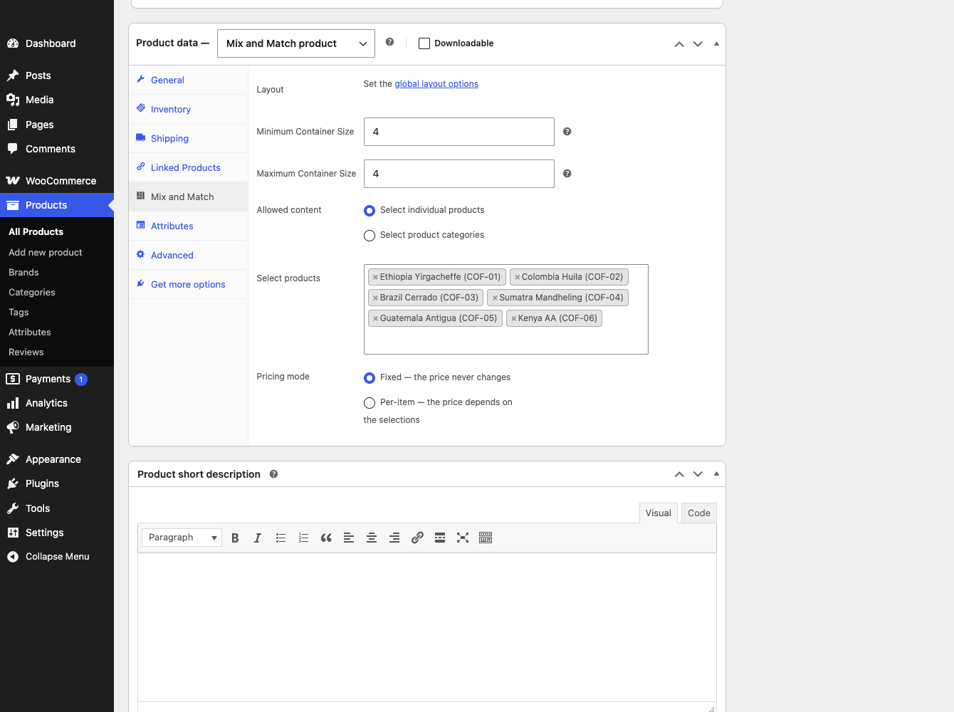 WooCommerce Mix and Match admin tab showing minimum and maximum container size, allowed content, selected products, and pricing mode