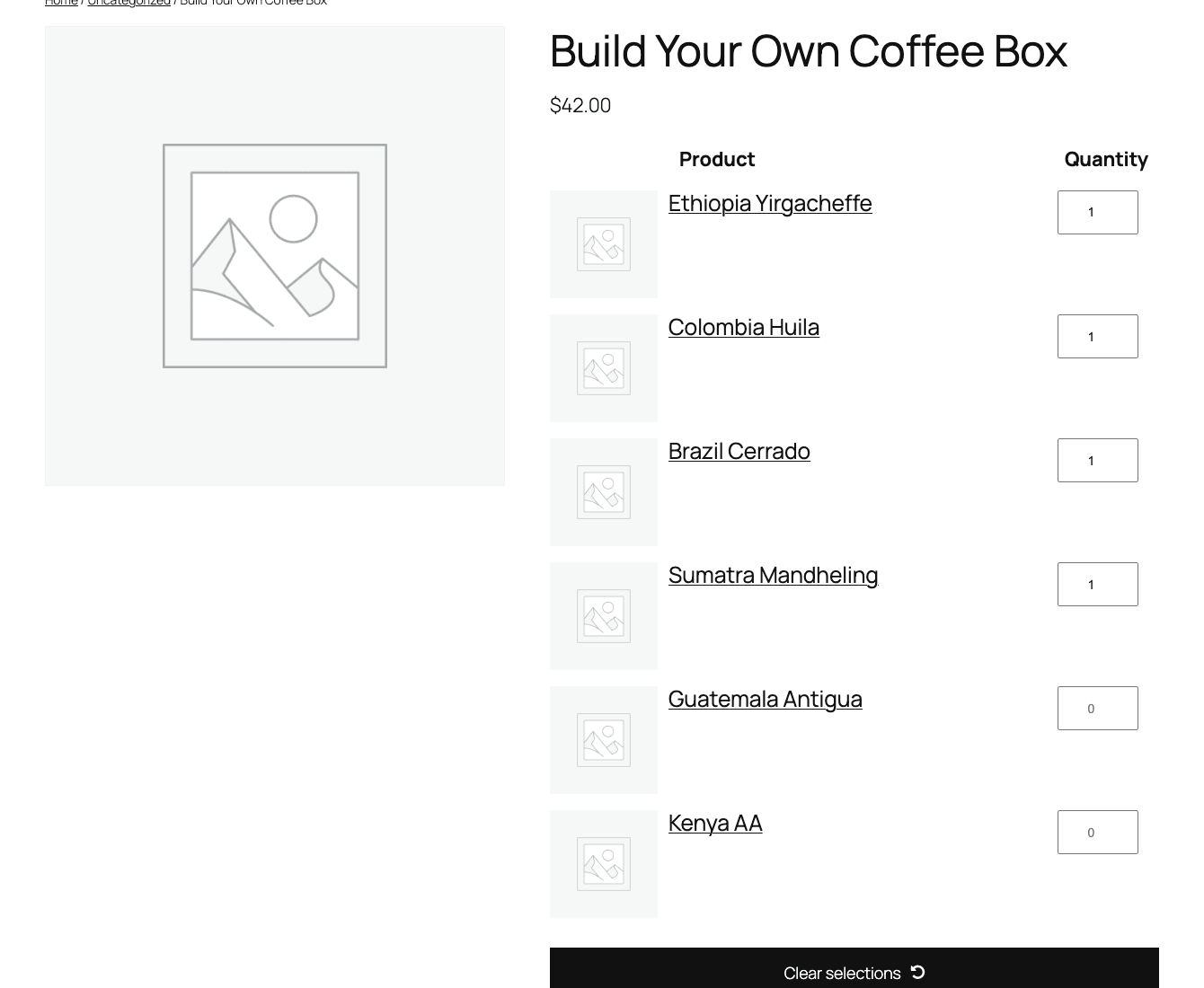 WooCommerce Mix and Match build-your-own-box picker showing eligible products and a quantity column on the front end