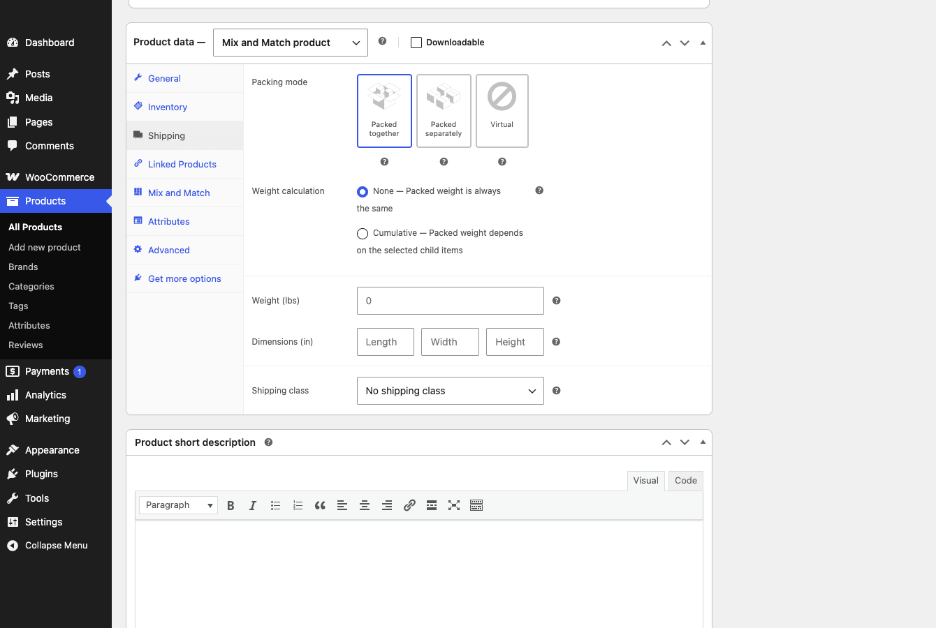 WooCommerce Mix and Match shipping tab showing packing mode options and weight calculation settings