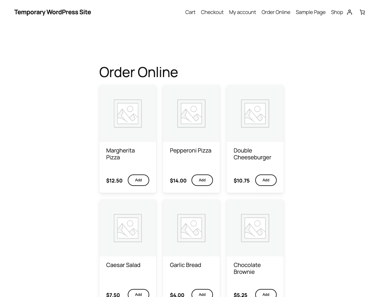 Orderable front-end ordering menu Orderable front-end ordering menu with food items, prices, and add-to-cart buttons