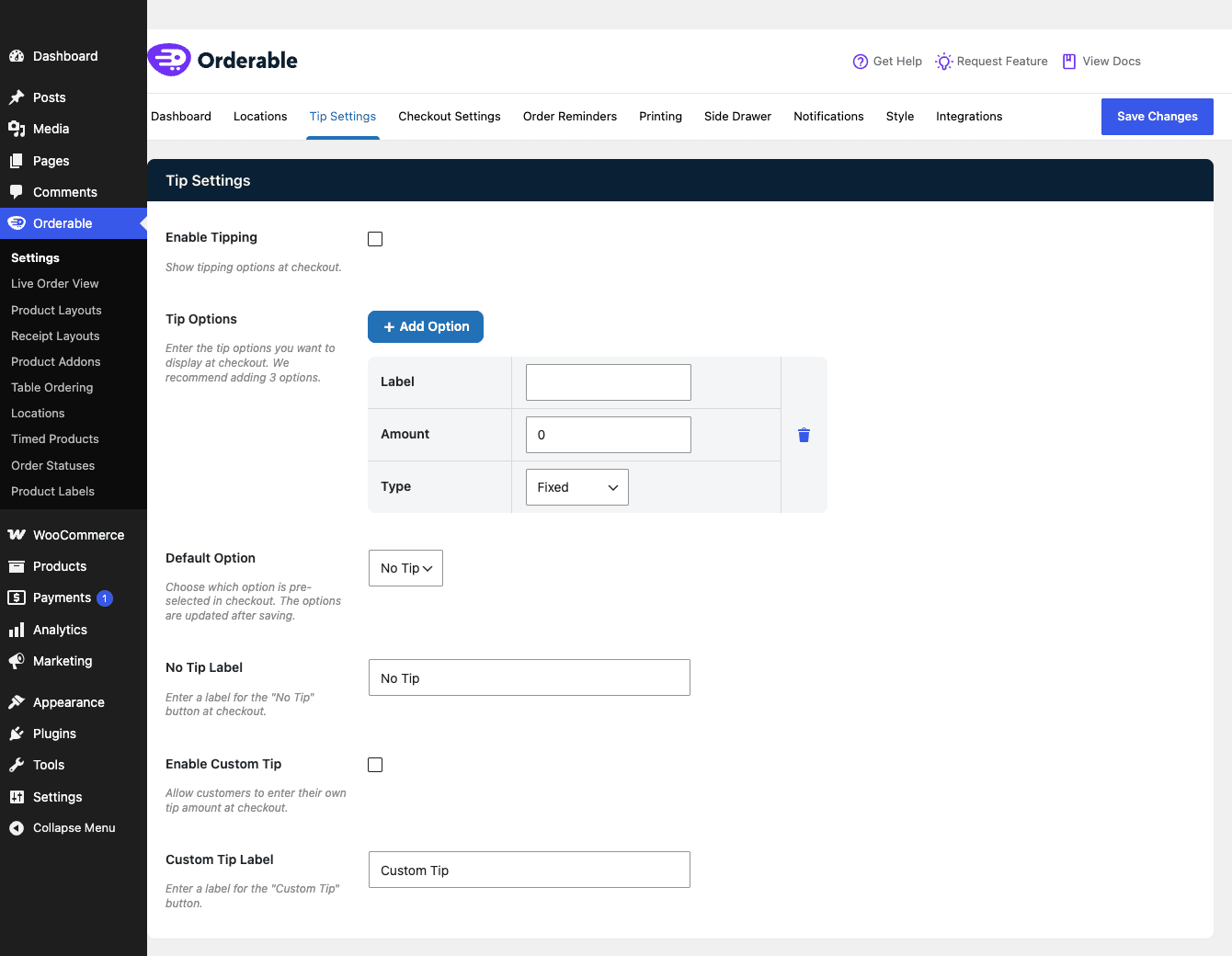Orderable tip settings and tipping configuration Orderable tip settings with preset tip options and tipping configuration