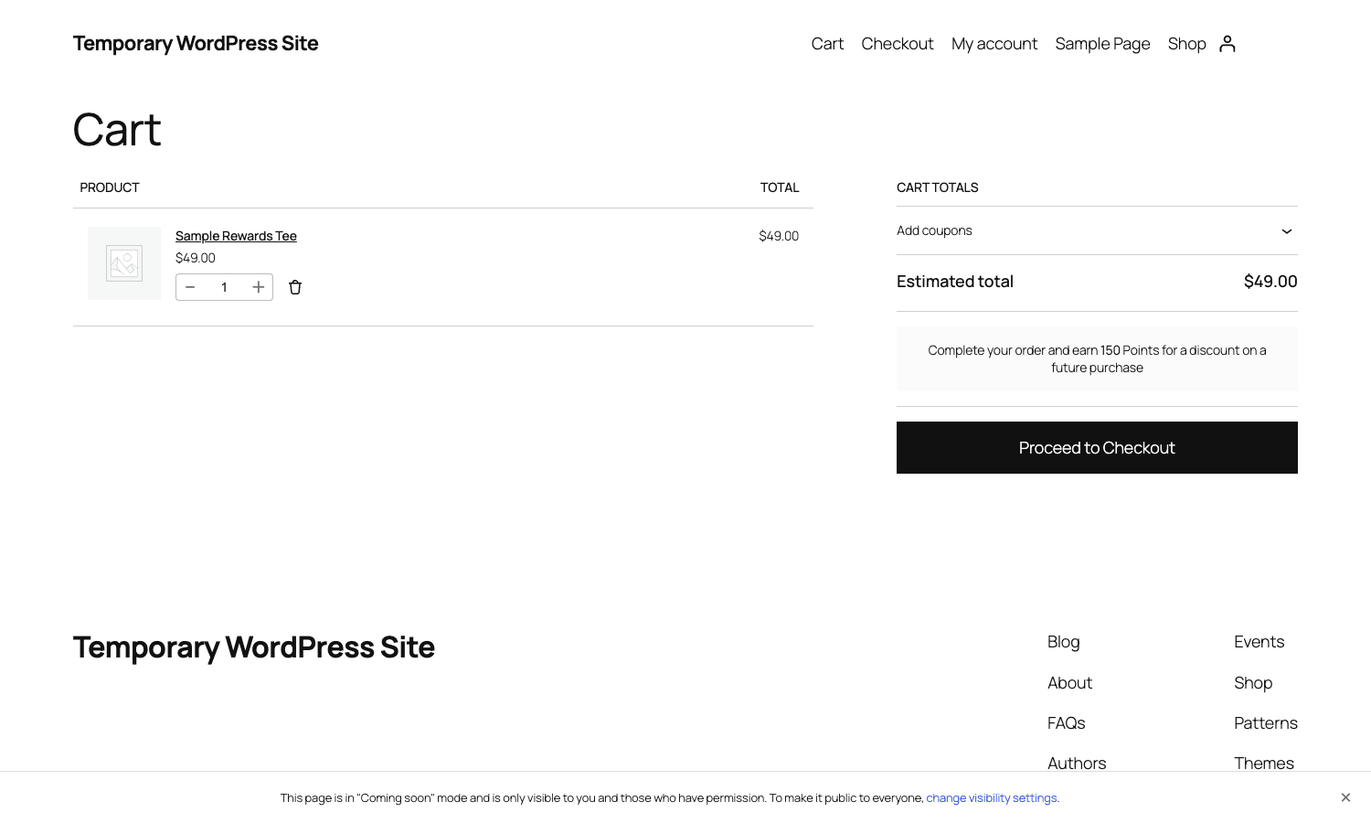 Cart earn-points message The WooCommerce cart showing the points a customer will earn on the order, in the cart totals area