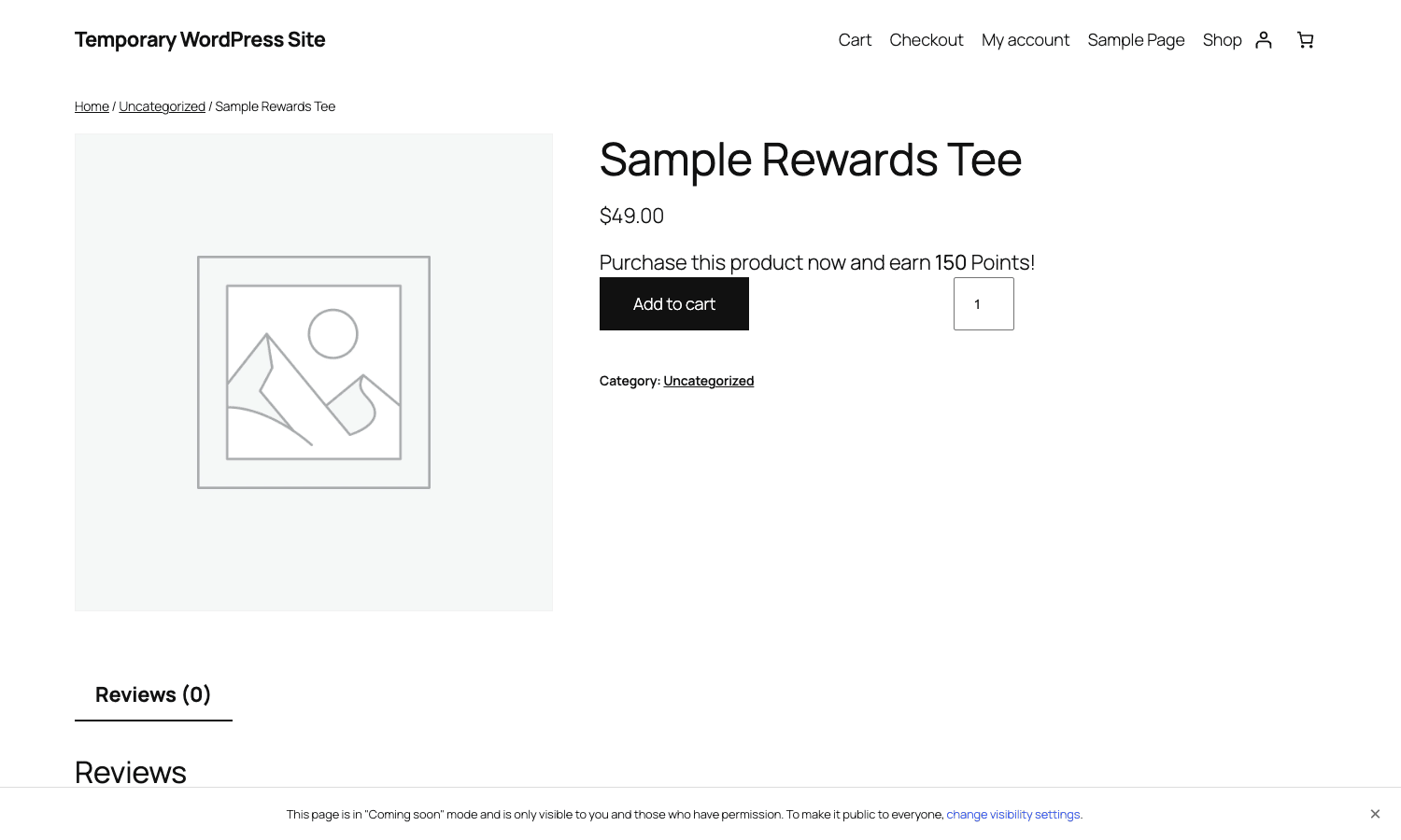 Product page earn-points message A WooCommerce product page showing the points-earned message added by the plugin, next to the price and add-to-cart button