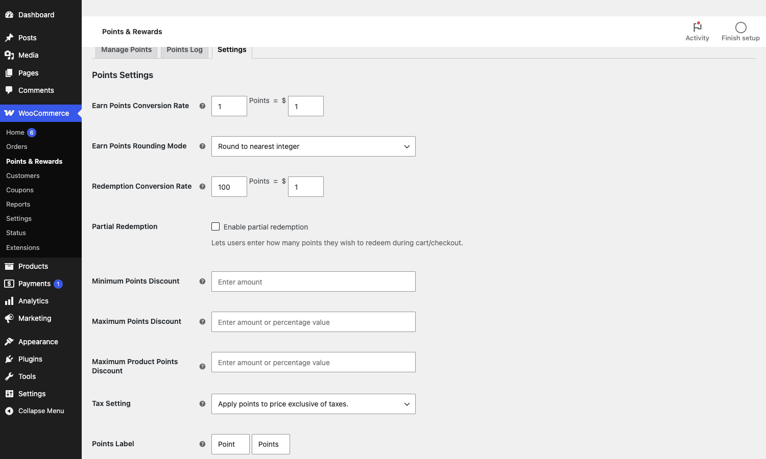 WooCommerce Points and Rewards settings The WooCommerce Points and Rewards settings screen, showing the Earn Points Conversion Rate, Redemption Conversion Rate, partial redemption, and discount caps