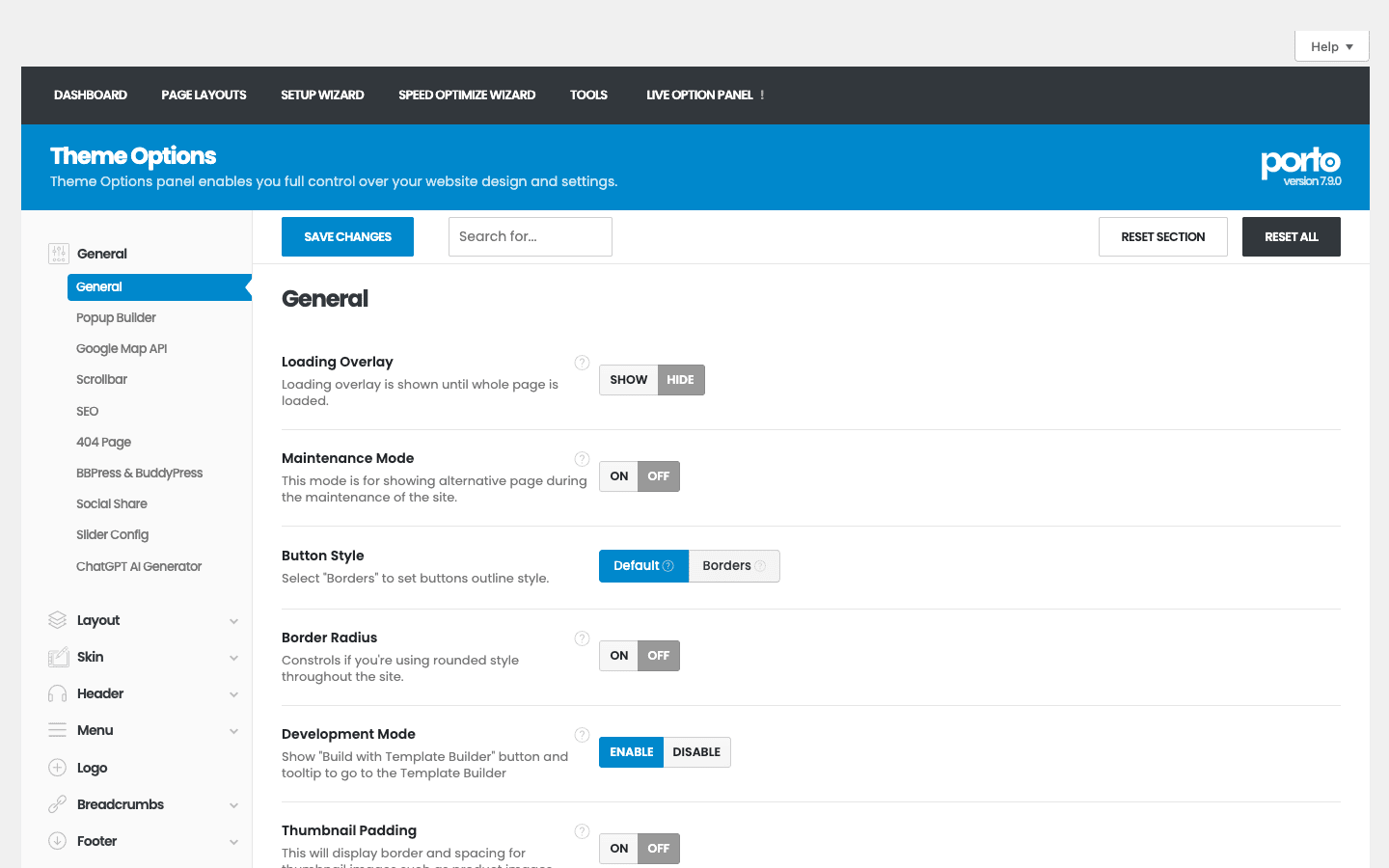 Porto Theme Options gives you site-wide control without code The Porto Theme Options panel open on the General section with layout and style controls