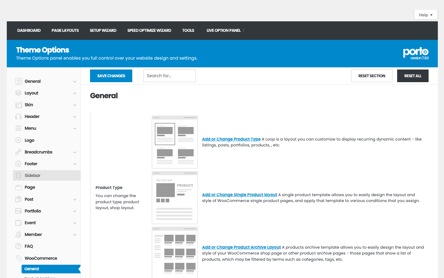 Porto lets you design custom single-product and shop layouts The Porto WooCommerce theme options showing custom product type, single product, and shop layout templates