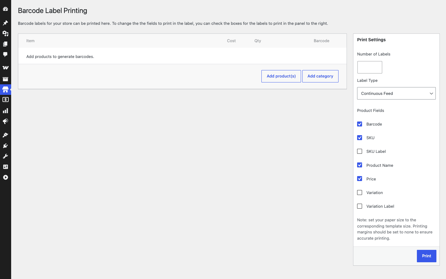 WooCommerce POS barcode label printing options in the admin WooCommerce POS barcode label printing