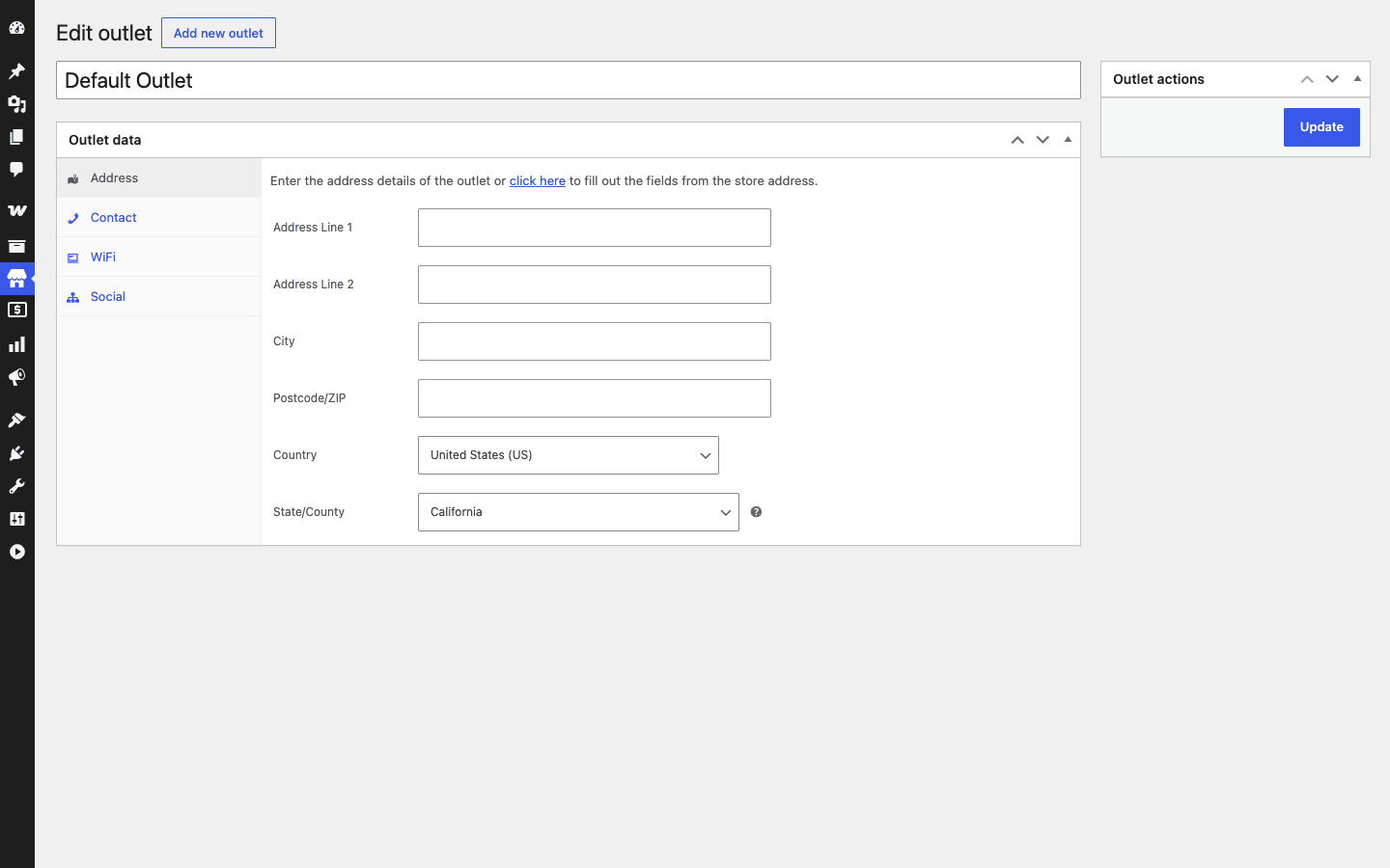WooCommerce POS outlet location settings with store address and contact fields WooCommerce POS outlet location settings