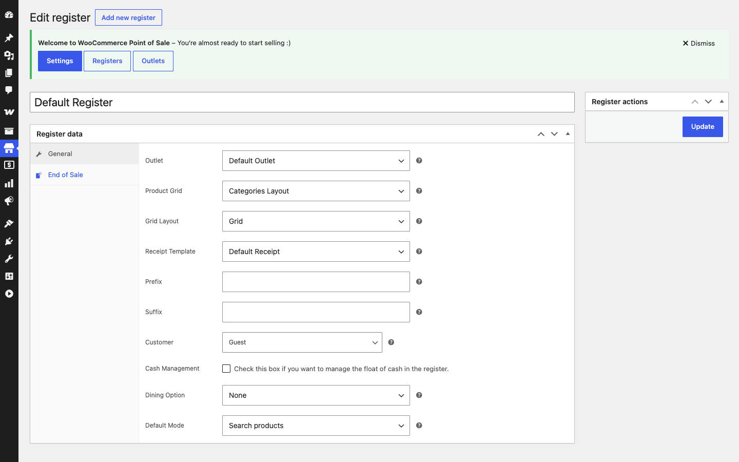 WooCommerce POS register configuration screen with outlet, grid, and gateway options WooCommerce POS register configuration