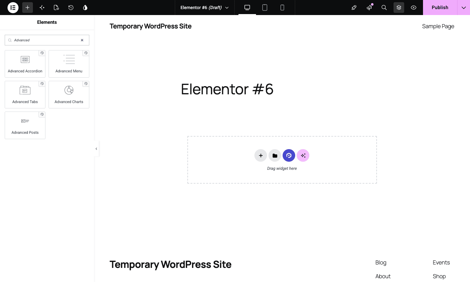 PowerPack widgets in the Elementor editor PowerPack widgets (Advanced Accordion, Menu, Tabs, Charts, Posts) shown in the Elementor editor panel
