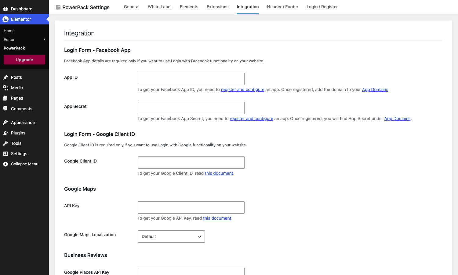 PowerPack integrations and API keys The PowerPack Integration tab with fields for Facebook and Google login, Google Maps API, and Business Reviews
