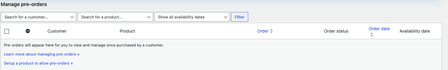 The Manage pre-orders screen in WooCommerce with filters for customer, product, and availability date, and columns for order, order status, and availability date