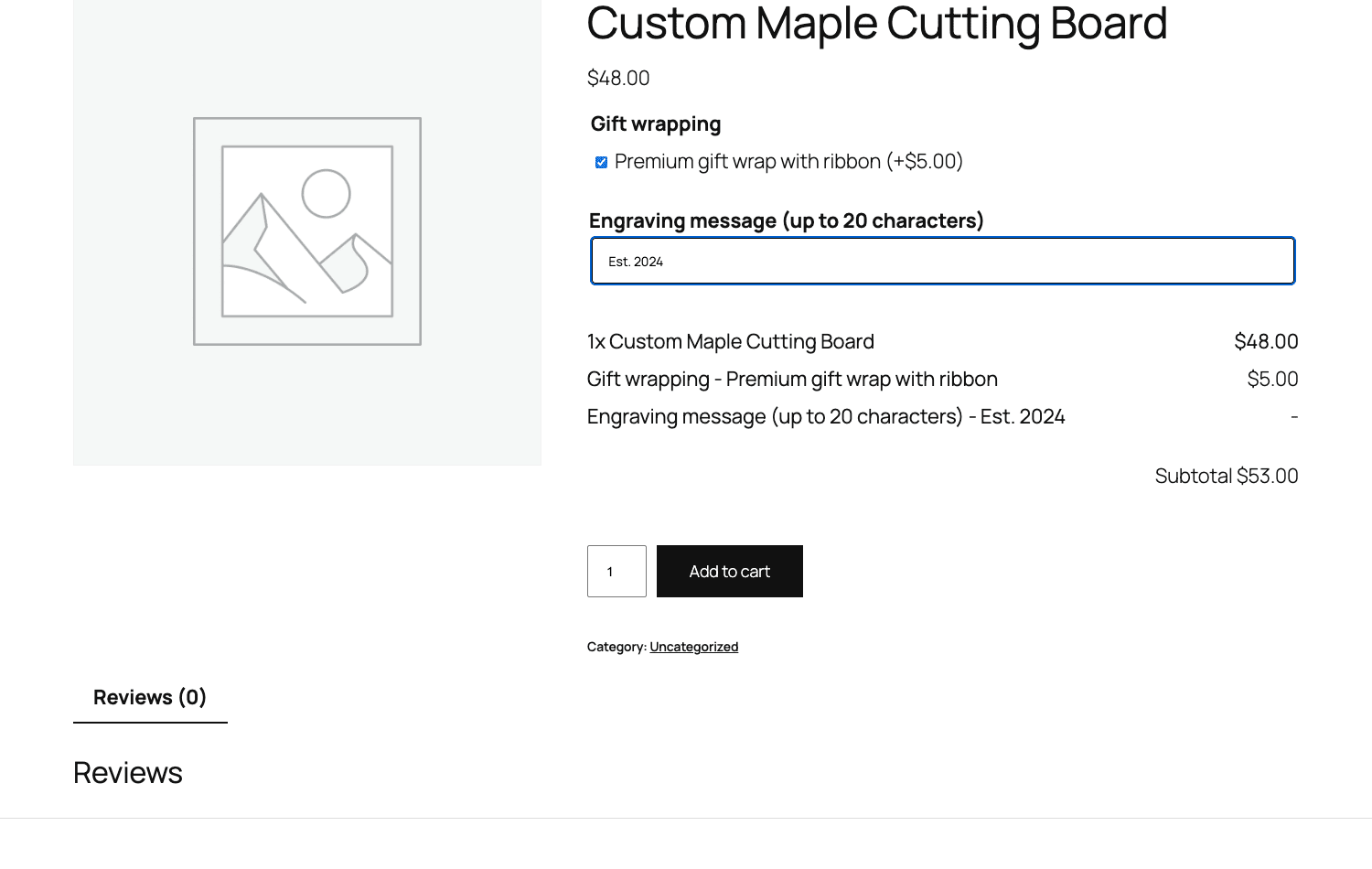Add-ons and live price summary on the product page A WooCommerce product page showing the add-on fields and a live price summary totaling fifty-three dollars