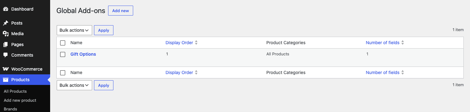 Global add-ons management list The Global Add-ons management list in WooCommerce showing a Gift Options group