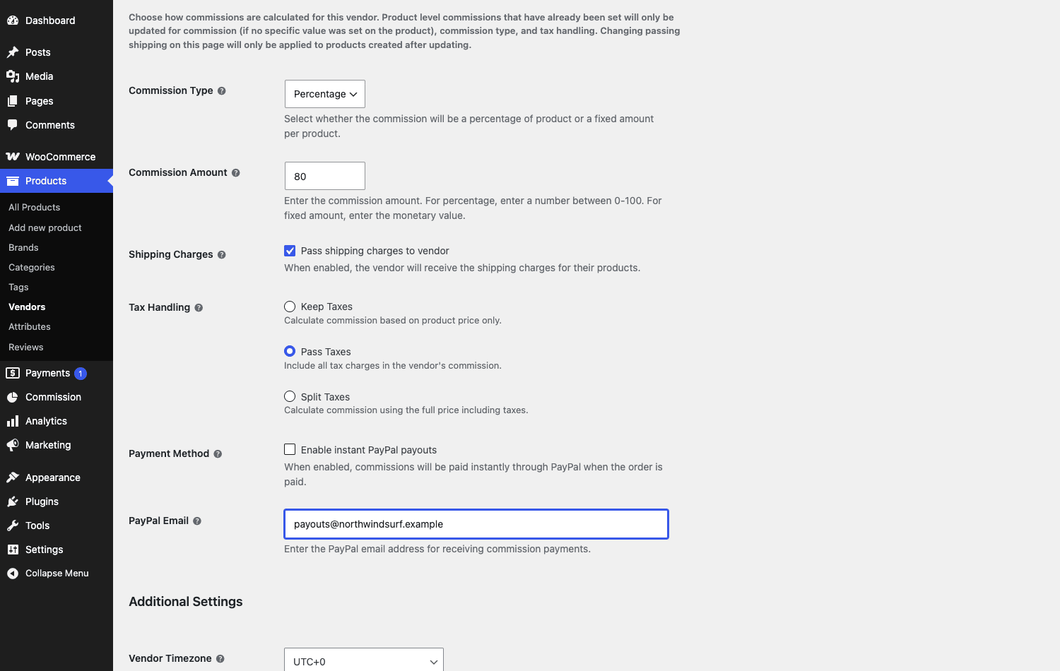 Per-vendor commission and payout settings on the vendor edit screen WooCommerce Product Vendors per-vendor commission and payout configuration: percentage type, pass shipping toggle, tax handling radios, and instant PayPal payout