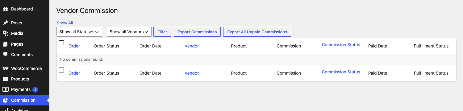 The Commission dashboard: filters, CSV export, and the full commission ledger WooCommerce Product Vendors commission dashboard with status and vendor filters, CSV export buttons, and per-order commission columns