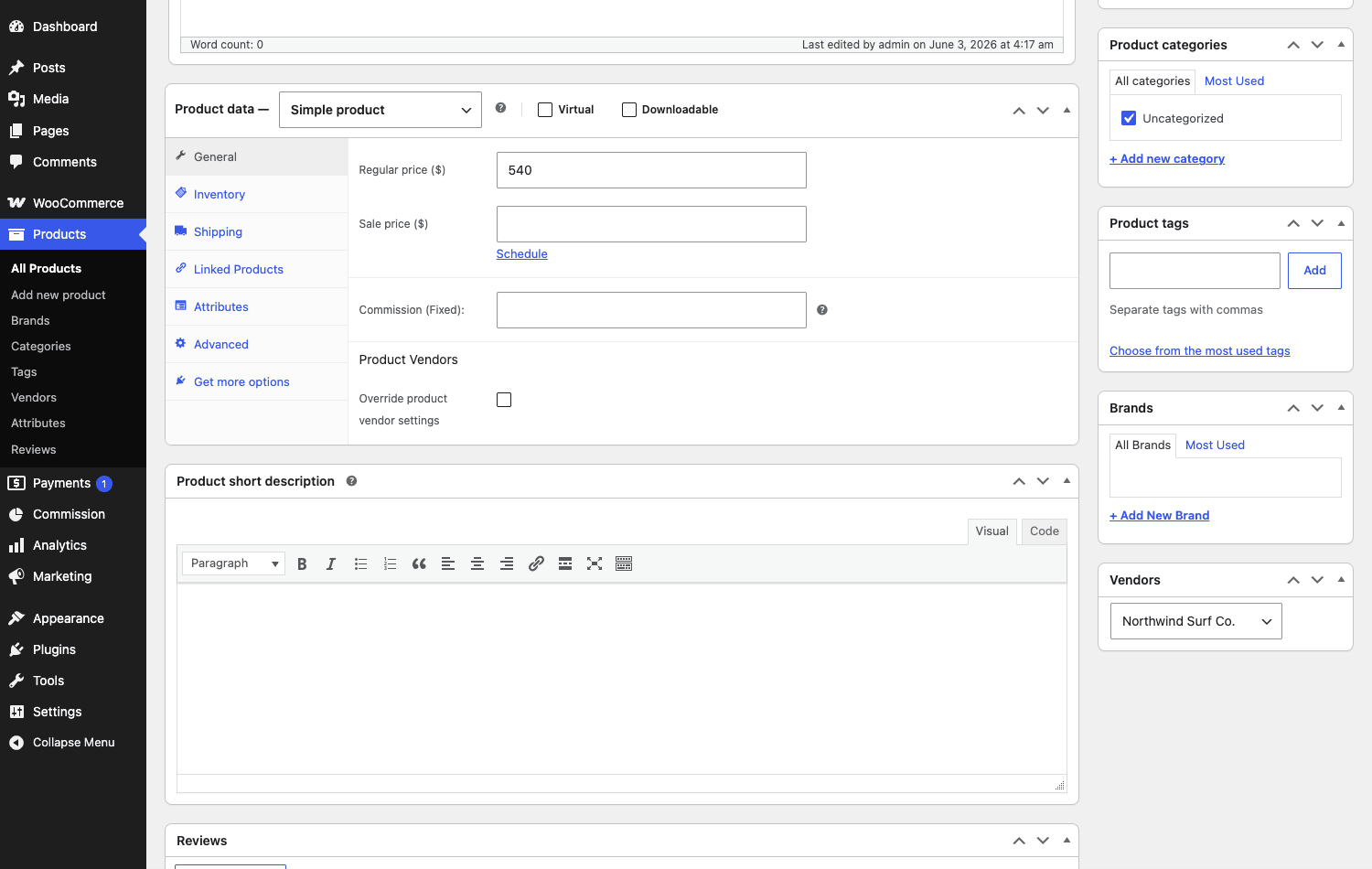 Assigning a product to a vendor and overriding its commission in the product editor WooCommerce Product Vendors per-product commission override in the product editor, with the Vendors dropdown assigning the product to a vendor