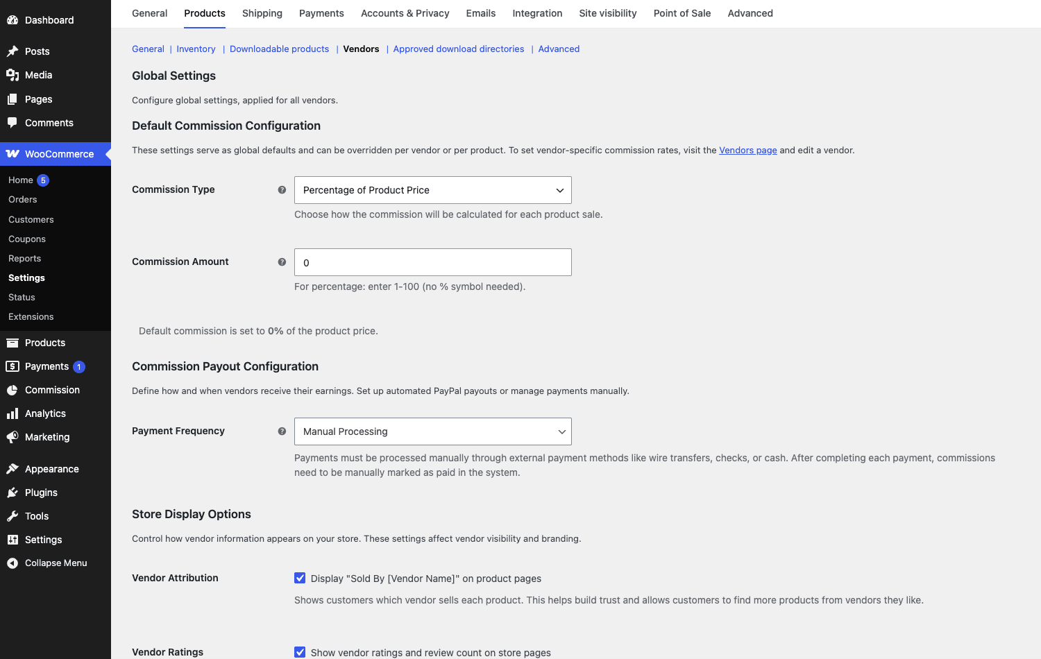 Global Vendor settings under WooCommerce > Settings > Products > Vendors WooCommerce Product Vendors global settings: default commission configuration, payout frequency, and the Sold By attribution toggle