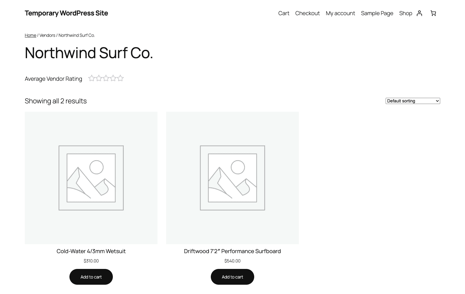 A front-end vendor storefront at /vendor/<slug>/ with vendor name, rating, and products WooCommerce Product Vendors front-end vendor storefront showing the vendor name, average rating, and the vendor's product grid
