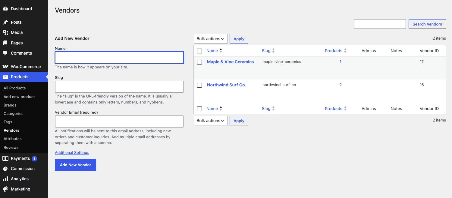 The vendor list and add-vendor form under Products > Vendors WooCommerce Product Vendors vendor list under Products > Vendors with the add-vendor form and per-vendor commission and product counts