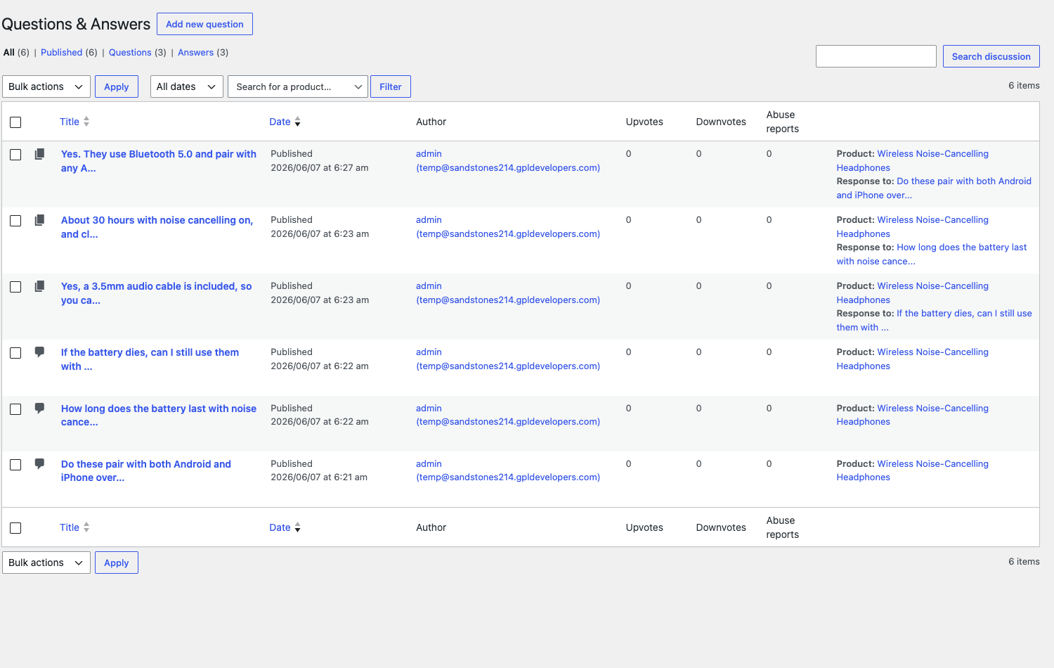 Questions and answers admin management list