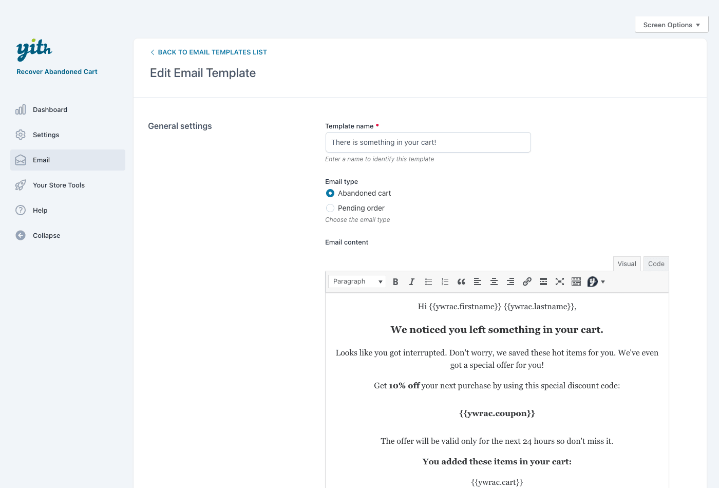 Editing a YITH recovery email with merge tags and a 10 percent off coupon
